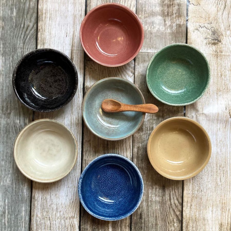 Handmade stoneware bowl and wooden spoon 