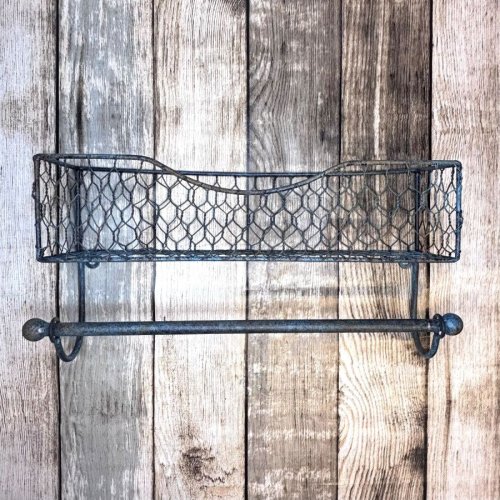 Vintage-style wire wall shelf with open basket and towel rai