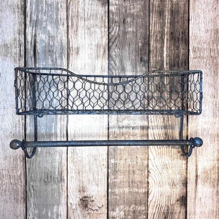 Open wire storage shelf with towel rail and aged metal finish
